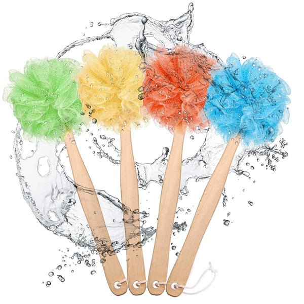 4 Pieces Loofah Back Scrubber Bath Sponge with Wooden Handle Long Handle Sponge Mesh on a Stick for Shower Exfoliating Bath Body Brush Luffa Back