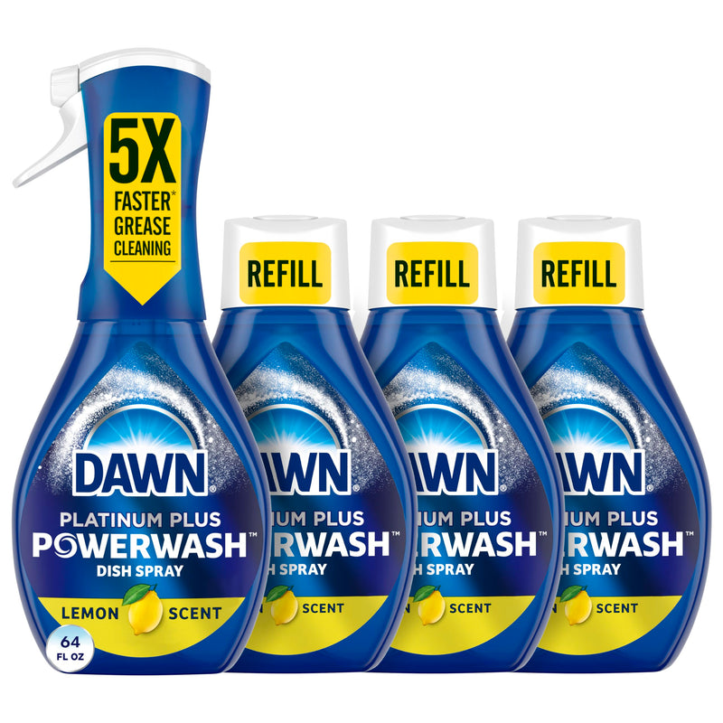 Dawn Powerwash Dish Soap Spray + 3 Dishwashing Liquid Refills Lemon, 4*16oz | Instantly breaks down 99% of residue. No water needed. Overnight