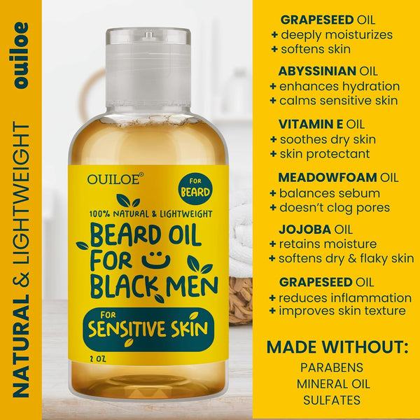 Beard Oil for Black Men with Sensitive Skin - Non Comedogenic Beard Oil - Safe for Acne Prone Skin - Unscented, Soothing, Natural, Lightweight and