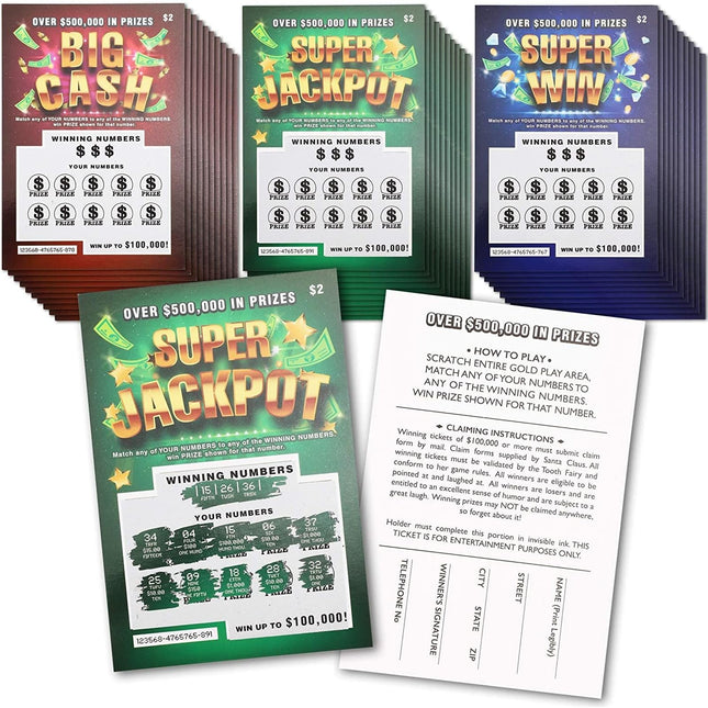 BLUE PANDA 30 Pack Fake Scratch off Lottery Tickets, Gag Prank Winning Lotto Ticket Cards (3 Designs)