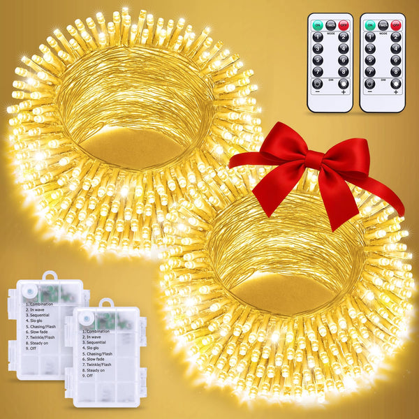 JMEXSUSS 2 Pack Battery Operated String Lights with Remote, Total 66ft 200 LED Warm White Christmas Lights Indoor Outdoor, Twinkle Fairy Lights