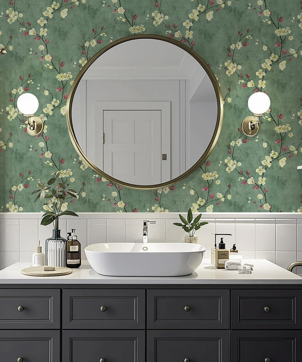 Safiyya 118"x17.7" Green Floral Peel and Stick Wallpaper Vintage Contact Paper Removable Self-Adhesive Wall Paper for Bedroom Vinyl Roll 17.7" x 118"