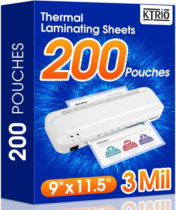 KTRIO Laminating Sheets, Hold 8.5 X 11 Inches Sheets, 200 Pack, 3 Mil Clear Thermal Laminate Pouches for Laminator, 9 X 11.5 Inch Lamination Paper