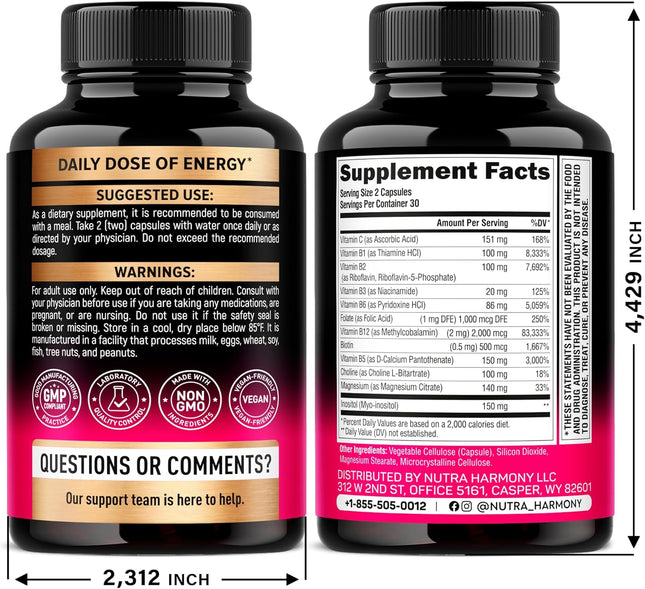 Vitamin B Complex for Men & Women - Made in USA - B-Complex: B1, B2, B3, B5, B6,
