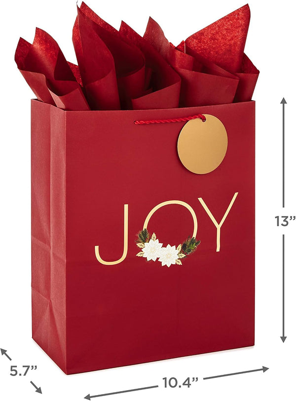 Hallmark 13" Large Christmas Gift Bag Assortment with Tissue Paper (3 Bags: "Merry Christmas" Wreath, Gold Joy, Snowy Red Barn) Red, White, Gold