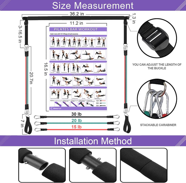 Portable Pilates Bar Kit with Resistance Bands for Men and Women - 3 Set Exercise Resistance Bands - Multifunctional Home Gym - Supports Full-Body