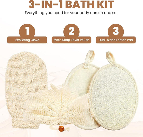Loofah Exfoliating Body Scrubber Pack - Ramie Shower Pouf, Natural Bath Sponge, Women Bathing Sponges for Exfoliation, Organic Washing Glove, Soft