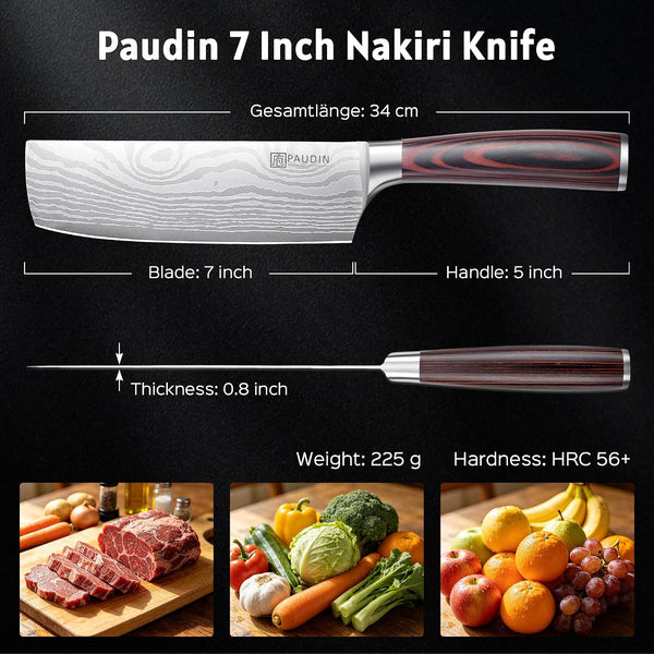 PAUDIN Nakiri Knife - 7" Razor Sharp Meat Cleaver and Vegetable Kitchen Knife, High Carbon Stainless Steel, Multipurpose Asian Chef Knife for Home