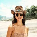 FLUFFY SENSE. Cowgirl Hats for Women Straw Cowboy Hat Western Beach Sun Hat with Shapeable Brim for Coastal Cowgirl 6 5/8-7 1/2 Pecan Brown