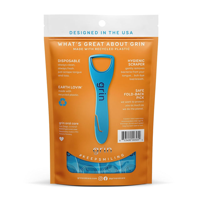 GRIN Tongue Cleaner, 32 Count, Disposable Tongue Cleaner, Hygienic Scraper, Recycled Plastic, Clean Tongue, Promote Fresh Breath, Includes Safe