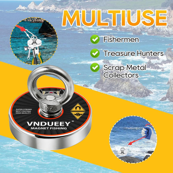 VNDUEEY 700LBS Magnet Fishing Kit, 2.95" Single Sided Fishing Magnet Kit with Rope, Strong Magnets for Retrieving in River Lake Beach Lawn,