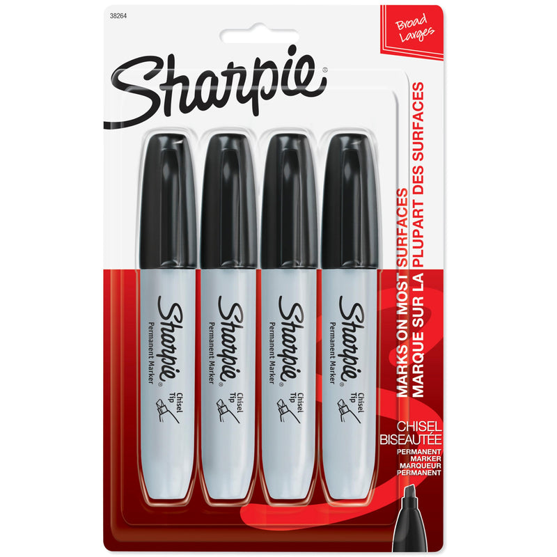 Sharpie Permanent Markers, Large, Chisel Tip, Black, 4 Count - Marks on Paper, Plastic, Metal, and More 4 Count (Pack of 1) Markers