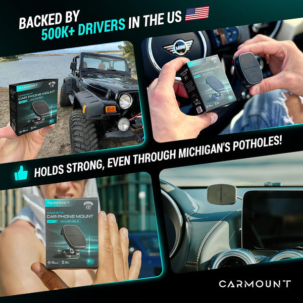 CARMOUNT F2 Adjustable Car Mount | 2.0 Magnetic Phone Mount, Dashboard Phone Holder for Car, 6X N52 Magnets, 360° Rotation & Tilt, Universal Dash