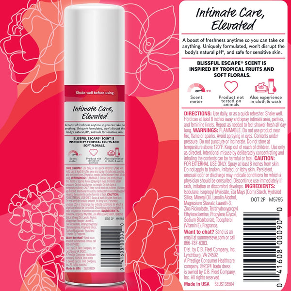 Summer's Eve Daily Refreshing Feminine Spray, Blissful Escape, Daily Body Spray for Women, Feminine Care that Neutralizes & Reduces Body Odor,