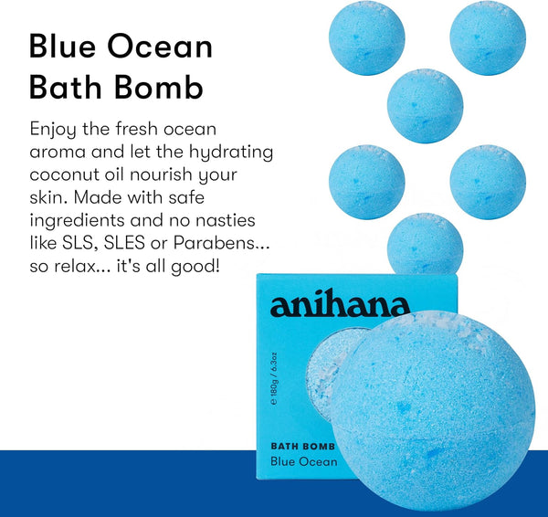 ANIHANA Bath Bomb with Coconut Oil, Paraben Free, Hand-Crafted Luxury Fizzers, Refreshing Blue Ocean Scent, 6.3 oz 1 Count (Pack of 1) Blue Ocean
