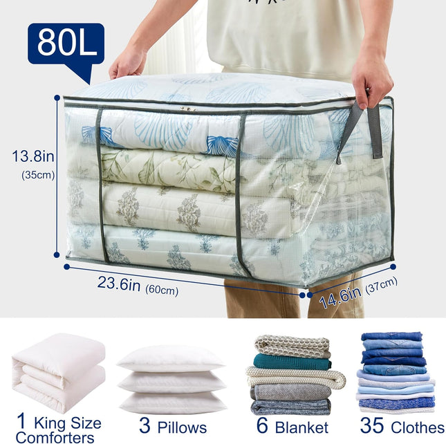 80L Clear Large Storage Bag, Clothes Storage Containers for Organizing Closet, Bedroom, Underbed, Comforters, Clothing, 