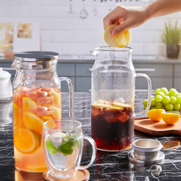 Bivvclaz 2 Liter 68 oz Glass Pitcher with Lid and Handle, Glass Carafe for Hot/Cold Water, Large Iced Tea Pitcher for Coffee, Juice and Homemade