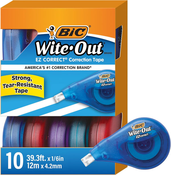BIC Wite-Out Brand EZ Correct Correction Tape, 39.3 Feet, 10-Count Pack of White Correction, Tear-Resistant Tape Office or School Supplies