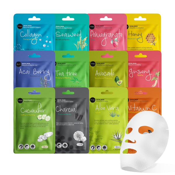 Celavi Essence Facial Sheet Face Mask Variety Set Classic Authentic Korean Moisturizing Skincare (12-Packs) | Variety set of Korean essence sheet