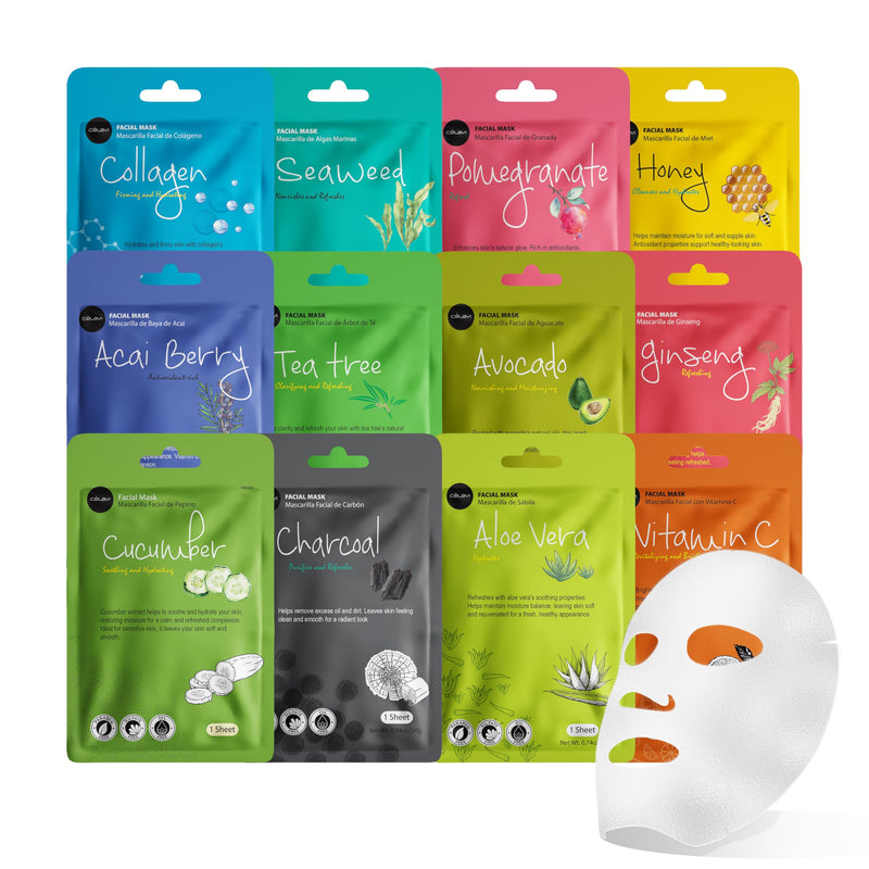 Celavi Essence Facial Sheet Face Mask Variety Set Classic Authentic Korean Moisturizing Skincare (12-Packs) | Variety set of Korean essence sheet