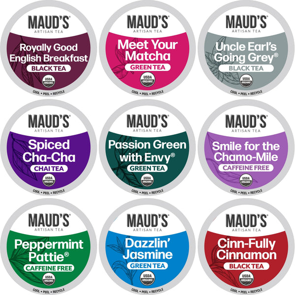 Maud'S 9 Blend Organic Tea Pods Variety Pack, 48 Ct, 9 Assorted Flavors, Recyclable Single Serve Pods Ã¢ÂÂ100% Gourmet Blended Tea Leaves,