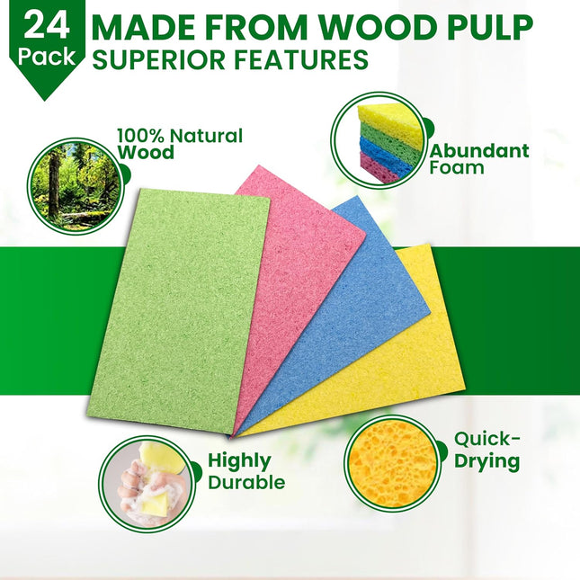 Cellulose Sponges - 24-Pack Multicolored Compressed Natural Sponges for Kitchen 