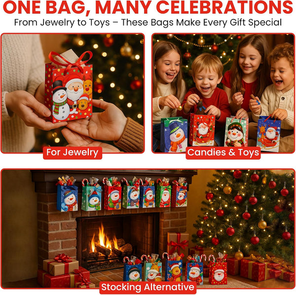 Iconikal 20-Pack Christmas Gift Bags, Small 4x6x2.5-Inch, Snowman Santa Reindeer, Ribbon Handles