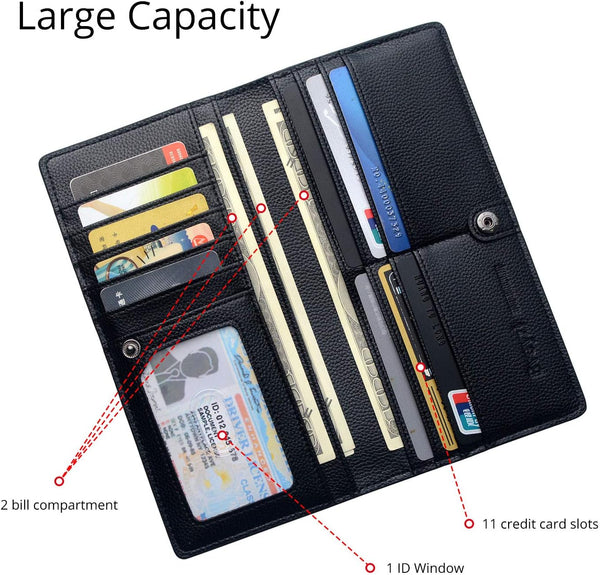 Bveyzi Ultra Slim Thin Leather RFID Blocking Credit Card Holder Bifold Clutch Wallets for Women Black Leather