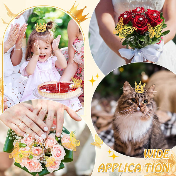 cridoz Gold Crowns for Flower Bouquets, Flower Bouquet Accessories Including 4 Pcs Bouquet Crown, 12 Pcs Butterfly Decorations and 50 Pcs Flower