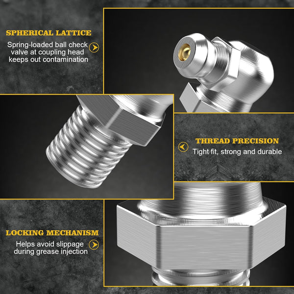 60Pcs Galvanized Steel Grease Fittings Kit, SAE 1/4" & 1/8" Grease Zerks Assortment with Straight 45° 90° Angled Zerk Fittings for Automotive &
