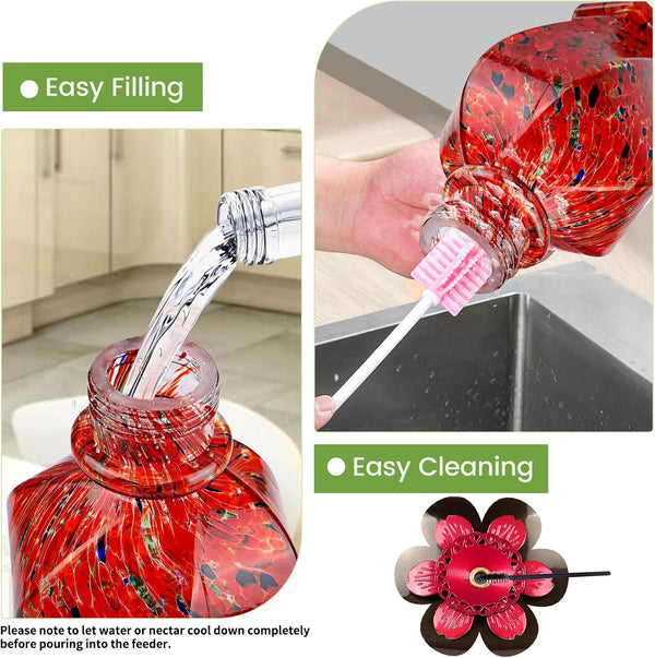 BOLITE Hummingbird Feeders for Outdoors Hanging, Hand Blown, Red, 22oz | Glass Hummingbird Feeder with Ant Moat, 5 Bee-Proof Ports, Leak-Proof,