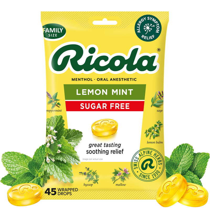 Ricola Big Bag Sugar Free Lemon Mint Cough Drops, 45 Drops, 1 Count Sugar Free Lemon 45 Count (Pack of 1)
