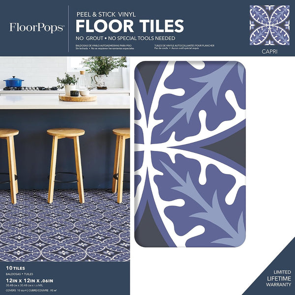FloorPops Capri Peel and Stick Floor Tiles, Multicolor Geometric Removable Vinyl Flooring, Self Adhesive Floor Tiles for Kitchen Bathroom Entryway