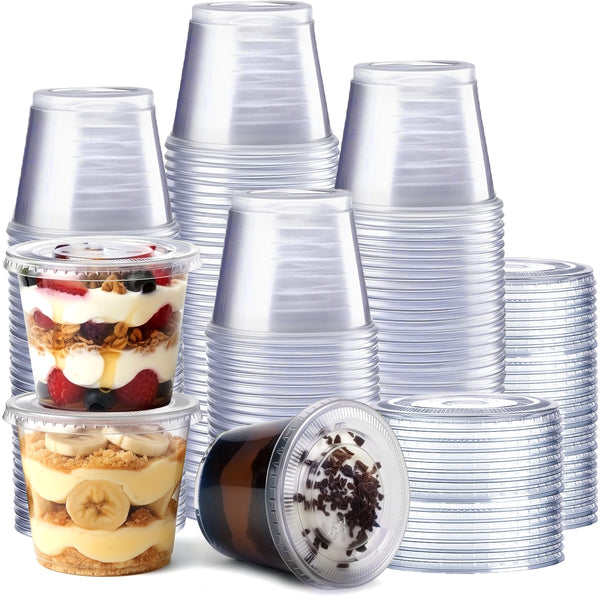 GUSTO 5.5 oz. Plastic Cups with Lids [200 Count] Desserts Containers | Leak-Proof, BPA-Free, Crack-Resistant, Stackable Storage, Soufflé,