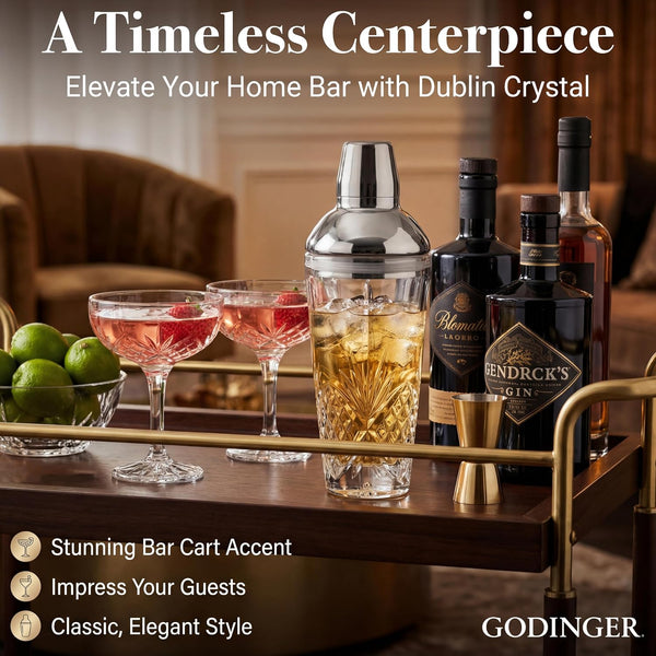 Godinger Dublin Crystal Cocktail Shaker with Lid - Glass Martini Shaker, Drink Shaker for Home Bar, Bartender Gift, 17oz Silver