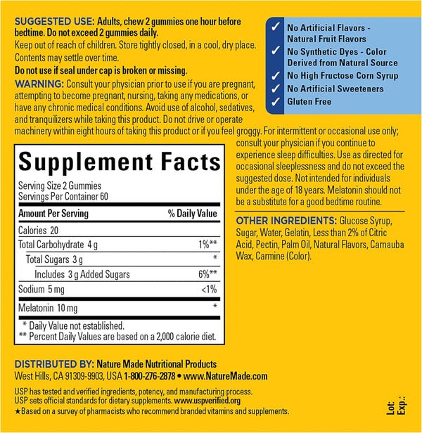Nature Made Melatonin 10 Mg per Serving Gummies, Sleep Gummies for Adults Maximum Strength Dosage, 100% Drug Free Sleep Aid, 120 Count, 60 Day Supply