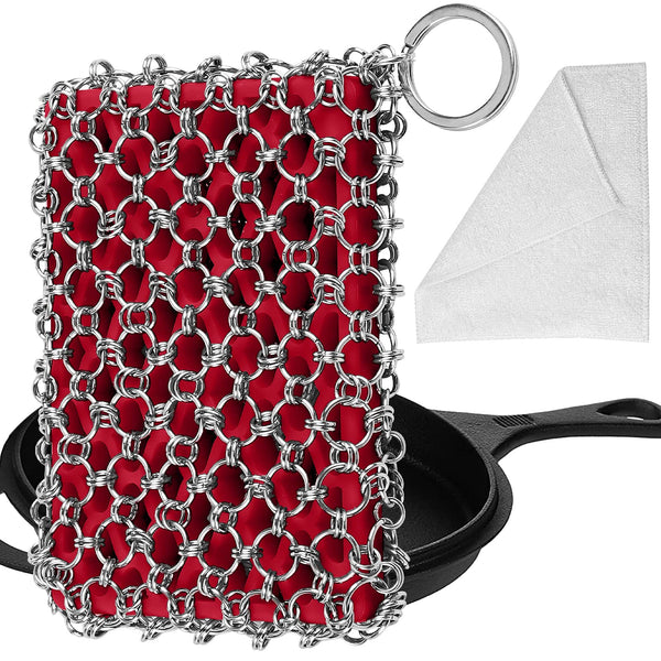 Herda 316L Cast Iron Scrubber Cleaner, Large Cast Iron Chain Mail Scrubber - Chainmail Scrubber Sponge - Metal Skillet Scrubbing, Wok, Dutch Oven