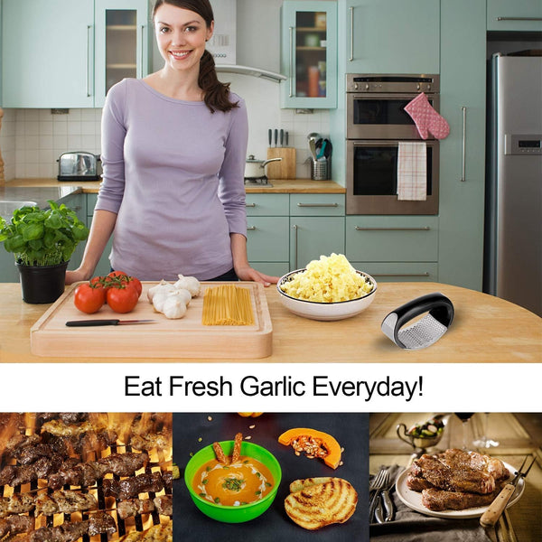 Garlic Press Rocker Stainless Steel Ginger Crusher Squeezer Kitchen Gadget with Ergonomic handle, Silicone Tube Garlic Peeler and Cleaning Brush