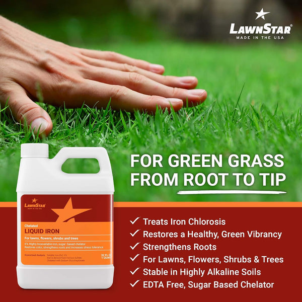 LawnStar Liquid Iron (32 OZ) for Plants - Multi-Purpose, Suitable for Lawn, Flowers, Shrubs, Trees - Treats Iron Deficiency, Root Damage & Color