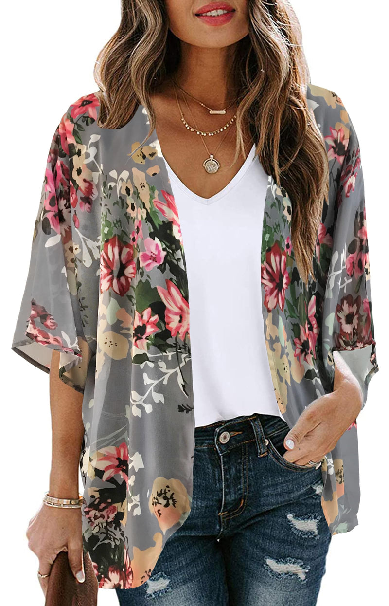 Women's Floral Print Puff Sleeve Kimono Cardigan Loose Cover Up Casual Blouse Tops 2026 Large Aa Dark Grey