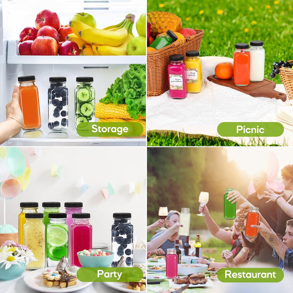 Alotpower 8 oz Glass Juice Bottles with Lids 12Pack | 240ml Square Reusable Drinking Bottles for Juicing, Water, Kombucha Juices, Milk, Beverages