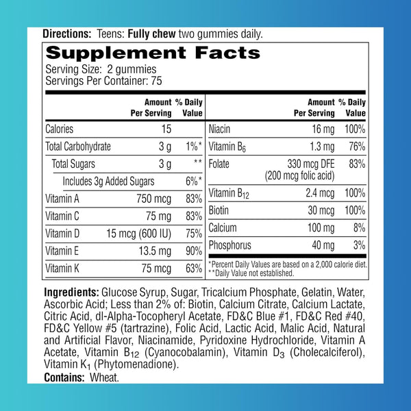 One a Day Teen for Him Multivitamin Gummies, Gummy Multivitamins with Vitamin A, C, D, E and Zinc for Immune Health Support, Physical Energy &