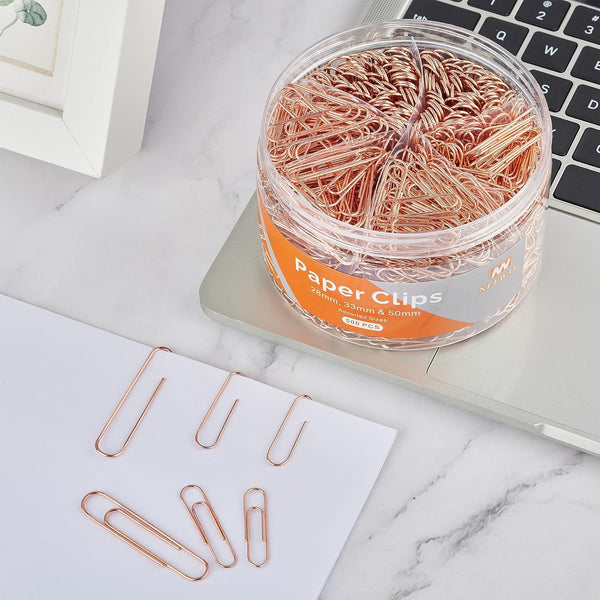 NEEWAY 500pcs Rose Gold Paper Clips Assorted Sizes Small, Medium and Large Paperclips for Paperwork Ideal for Home, School and Office Use