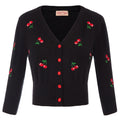 Belle Poque Women's 3/4 Sleeve V-Neck Button Down Cherries Embroidery Cropped Cardigan Sweater Coat Black X-Large