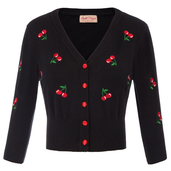 Belle Poque Women's 3/4 Sleeve V-Neck Button Down Cherries Embroidery Cropped Cardigan Sweater Coat Black X-Large