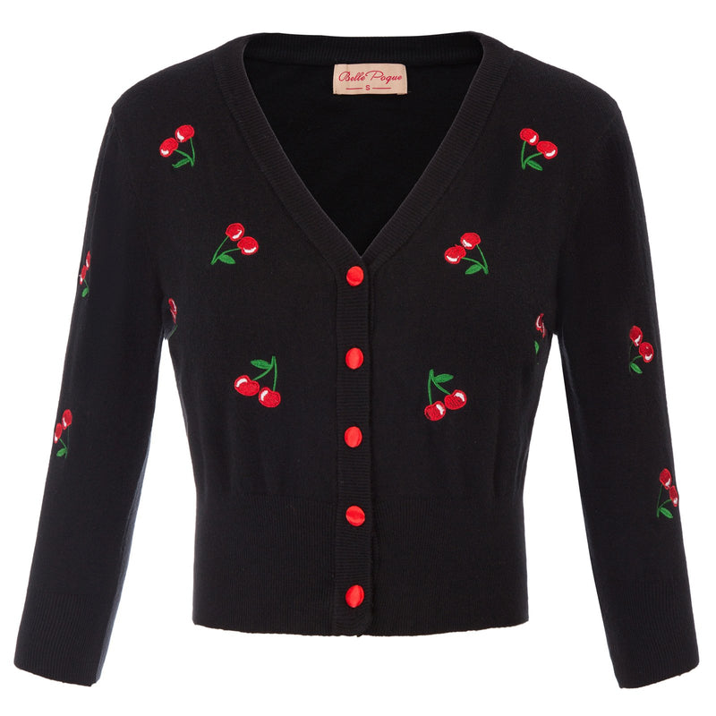 Belle Poque Women's 3/4 Sleeve V-Neck Button Down Cherries Embroidery Cropped Cardigan Sweater Coat Black X-Large