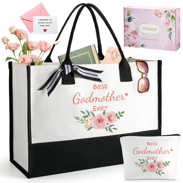 TRSODD Godmother Mothers Day Gifts from Godchild Birthday Gifts for Women Tote Bag and Makeup Bag Set Best Godmother Ever