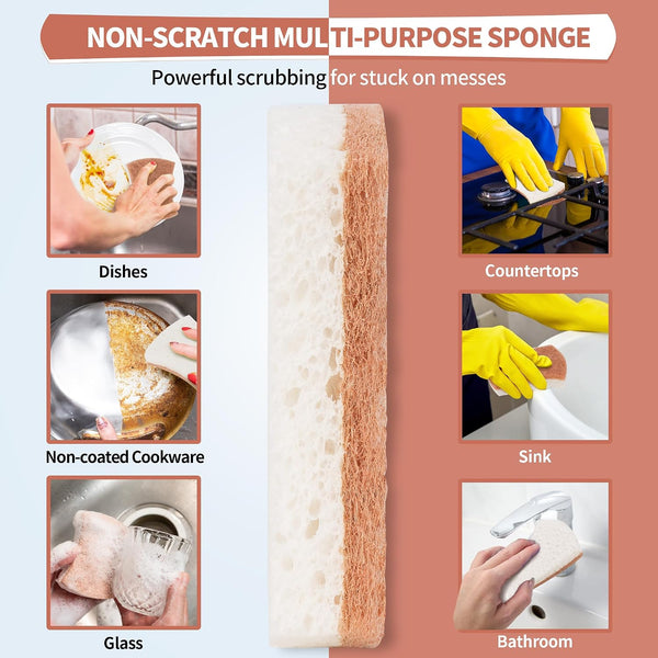 Natural Dish Sponge 24 Pack, Non-Scratch Scrub Sponge, Eco Multipurpose Kitchen Sisal Fiber Cellulose Sponge, Odor-Less Dual-Sided for Dish