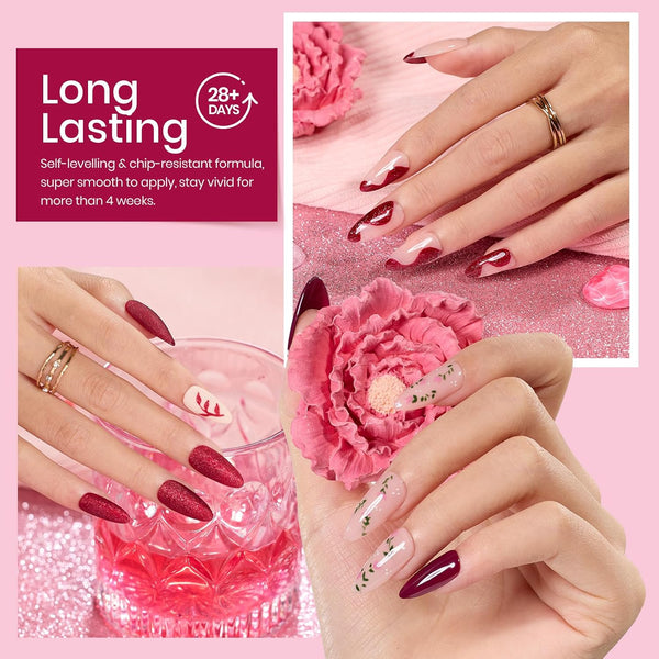 beetles Burgundy Gel Polish Set - Berry Merlot 6 Colors Plum Gel Polish, Cherry Mocha Red Glitter Dark Purple Wine Nails Color, U V LED Soak Off