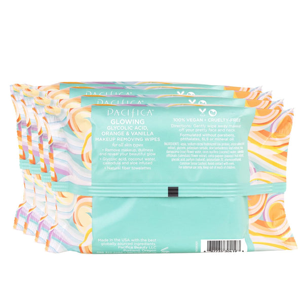 Pacifica Beauty | Glowing Makeup Remover Wipes | Gycolic Acid, Coconut Water, Aloe Infused | Daily Cleansing + Exfoliating | Clean Skin Care |